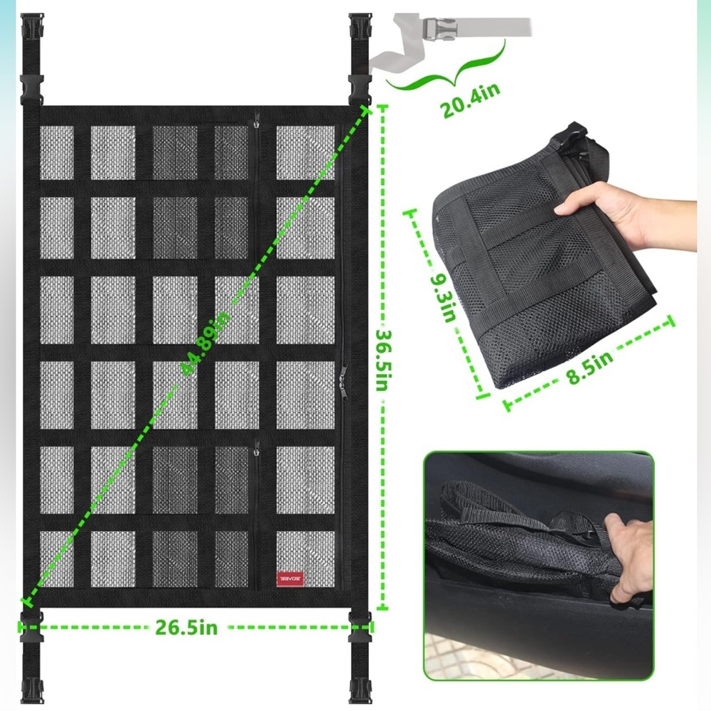 Car Ceiling Cargo Net Pocket 36.7X 26.5in Large Size with 3 Zipper Storage Bags - Picture 7 of 7